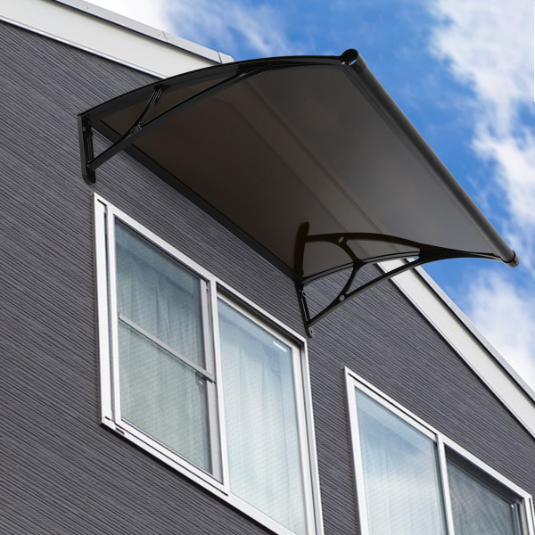 Abri de pluie en arc pour porte d'entrée 84 × 120 cm, abri de pluie en arc pour extérieur - Support noir + abri marron