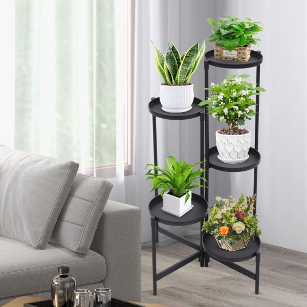 Support d'angle pour plantes d'intérieur, support pour plantes hautes à 5 niveaux, étagère de présentation pour plantes pour décoration intérieure - Noir