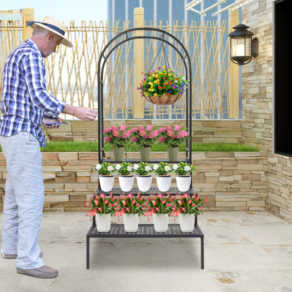 Support à plantes à 3 niveaux 70 x 60 x 165 cm avec arche de jardin, étagère de présentation pour pots de fleurs, tonnelle pour plantes grimpantes.