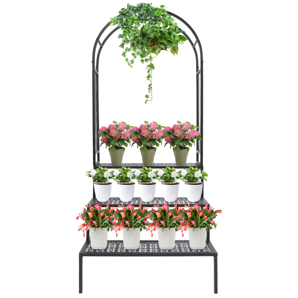 Support à plantes à 3 niveaux 70 x 60 x 165 cm avec arche de jardin, étagère de présentation pour pots de fleurs, tonnelle pour plantes grimpantes.