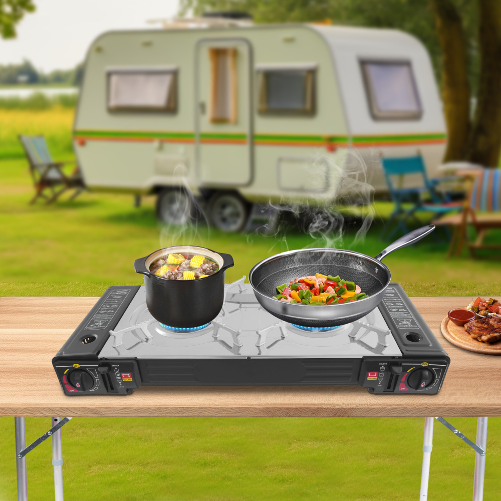 Réchaud de camping - Réchaud à gaz portable - Incl. 12x bouteilles de gaz et étui